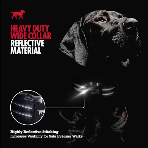 Image of Tuff Pupper Heavy Duty Tactical Dog Collar | 1.5 inch Wide Ballistic Nylon | Reflective Stitching | Integrated ID Tag Holder | Stainless Steel Buckle | Padded Lining | Medium & Large Dogs (Black, Medium)
