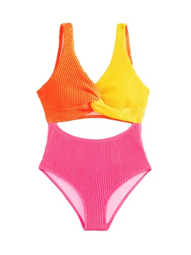 OYOANGLE Girl's One Piece Swimsuits Colorblock Cut Out Twist Front Sleeveless Bathing Suit Beach Swimwear