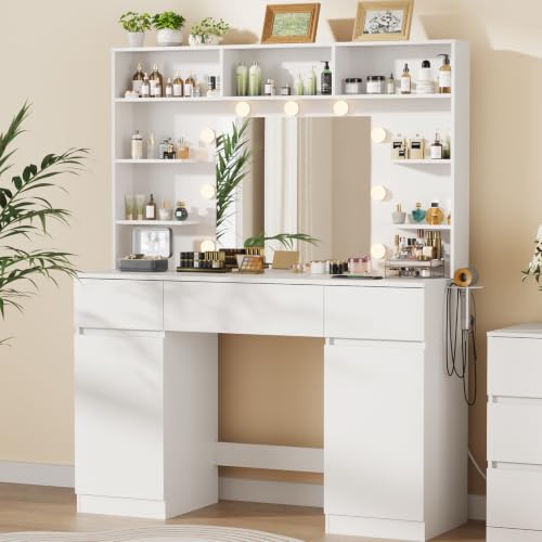 Image of Vanity Desk with Mirror and Lights,43 inch Makeup Vanity Table with with 2 Cabinets and 3 Drawers, Power Outlet & Adjustable LED Lights, Dressing Table for Bedroom,White