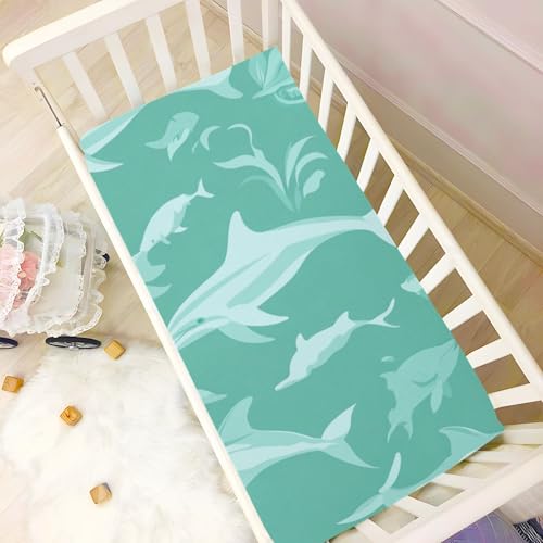 Image of Crib Sheet Breathable Soft Crib Mattress Sheet for Baby Toddler Boys Girls Fitted Crib Sheet Fit Standard Crib Mattress 52 x 28 Inch Green Dolphins Seaweed and Fish