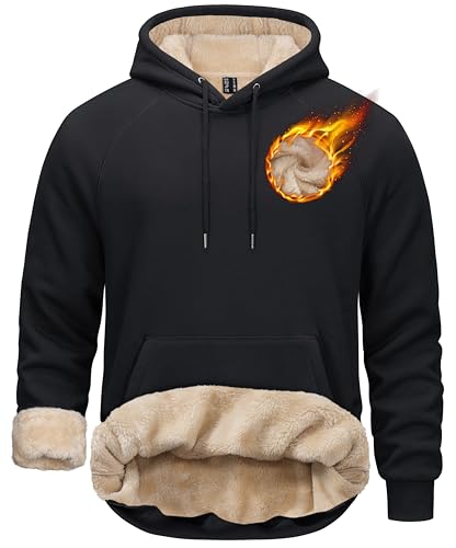 TACVASEN Sherpa Hoodies for Men Midweight Fleece Lined Thermal Hooded Sweatshirt Pullover Winter Warm Cotton Athletic Sweatshirts Cold Weather Black XXL