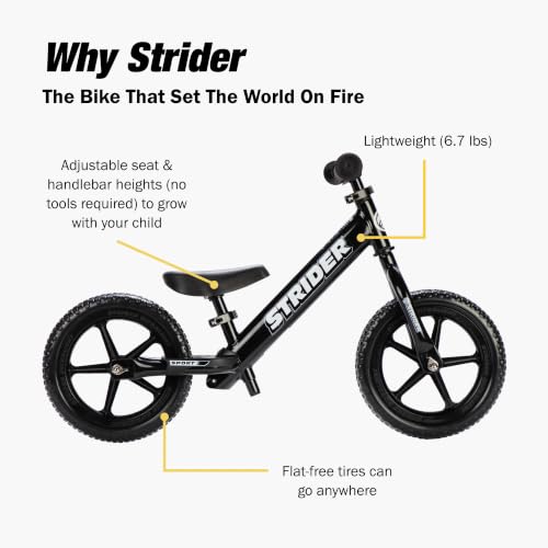 Image of Strider 12 Sport Bike, Black - No Pedal Balance Bicycle for Kids 1 to 4 Years - Includes Safety Pad, Padded Seat, Mini Grips, Flat-Free Tires-Easy Assembly, Tool-Free Adjustments