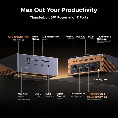 Image of UGREEN Maxidok Thunderbolt 5 Docking Station, Revodok 17-in-1 TBT5 Dock, 120Gbps Data Transfer, 8TB M.2 NVMe SSD, Single 8K /Dual 6K@60Hz, 140W Charging, 2.5GbE, Cooling System for TBT5 /4 Laptops