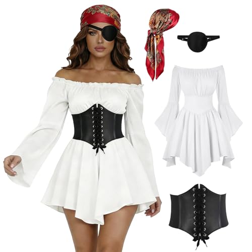 Piratenkostüm Damen, Piratin Kostüm Set mit Korsett Gürtel, Kopftuch, Augenklappe Off Shoulder Weißes Kleid Mini Mittelalter Piraten Kleid...
