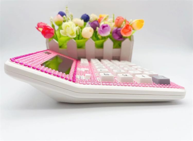 Desktop Calculator Rhinestone Calculator, Crystal Dazzling Calculator 12 Digit Solar and Battery Dual Power Large LCD Display Standard Desktop Calculator for Women and Girl, Pink
