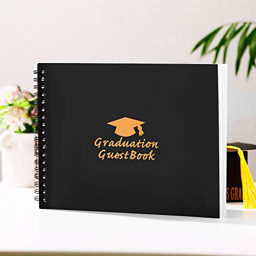 Libro de visitas de graduación en espiral negro, 20 x 15 cm, tapa dura con líneas para nombre, número de teléfono, dirección, deseos cálidos para fiesta de graduación, 72 páginas