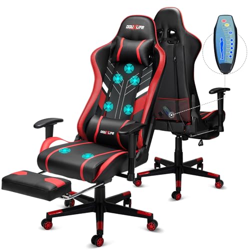 Image of Douxlife Computer Gaming Chair with Footrest, Height Adjustable Game Chair for Adults 360-Swivel Seat and Headrest and for Office or Gaming, Racing Style (Black and Red)