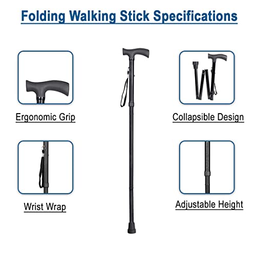 Image of MCP Healthcare 4 Folding Sections Aluminium Foldable Walking Stick Adjustible Height, for Men, Women & Old People Support, Trekking Cane Stick, Easy to Store (Black)