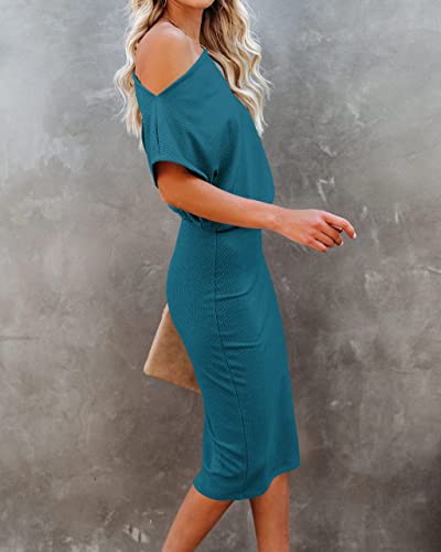 Image of EZBELLE Women's Summer Dress Off The Shoulder Short Sleeve Ribbed Casual Party Bodycon Midi Dresses