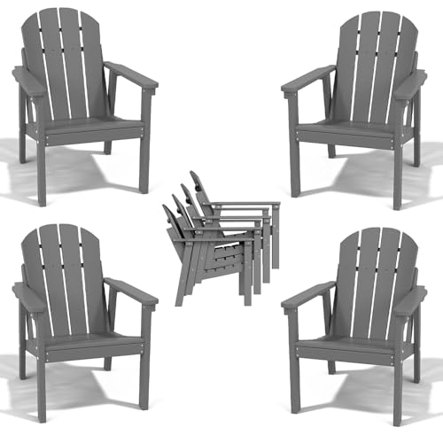FOLAWO Adirondack Chair Set of 4, All Weather HDPE Fire Pit Chairs, Oversized Plastic Adirondack Chair for Outdoor, Balcony, Deck, Backyard, Patio, Garden, Poolside, Lawn Grey