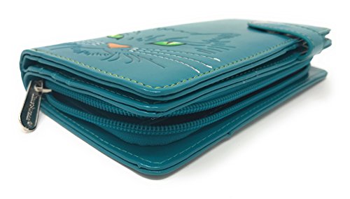 Shag Wear Fluffy Cat Green-Eyed Kitty Large Wallet for Women and Teen Girls Vegan Faux Leather Teal 7"4
