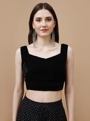 Image of Womanista Women's Black Sleeveless Velvet Sweetheart Readymade Saree Blouse for Women Stylish