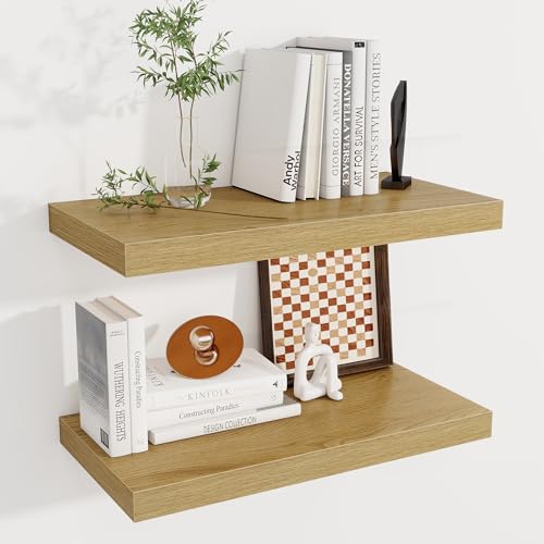 Image of Fun Memories 24 x 12 Inch Deep Floating Shelves, 12 Inch Deep Rustic Wooden Book Shelf, Extra Deeper & Thicker Hanging Shelves for Living Room, Bathroom, Bedroom, Kitchen, Office, Set of 2 (Oak)