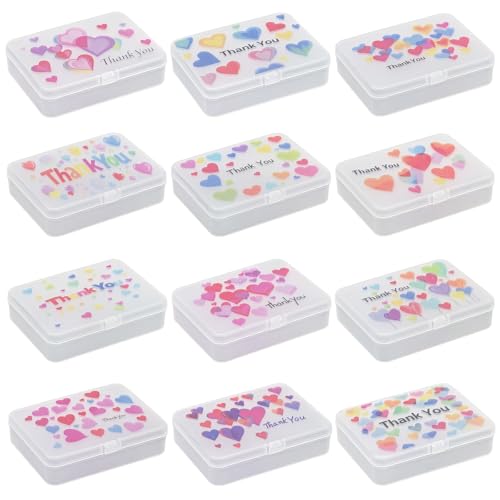 Image of 12 Pieces Rectangular Plastic Organizer Storage Box Containers with Thank You & Hearts Image Pattern on the Lid, 4.5 x 3.3 x 1.1 inch (White)