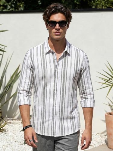 Image of Urbano Fashion Men's Cotton Full Sleeve Relaxed Fit Linen Striped Shirt with Spread Collar