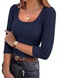 Aottori Tshirt Femme Col Carré Manches 3/6 Haut Côtelé Slim Ajusté Uni Mode Élégant Basique Chic Vêtement Féminin Silhouette Moderne Printemps Été Soft Bleu Marine XXL