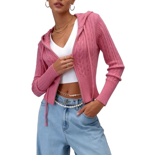 Women's Zip Up Cable Knit Hoodie Sweater Y2K Cropped 2026 Cardigan Jacket (Pink, XL)