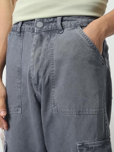 Image of Urbano Fashion Men's Loose Mid Rise Baggy Fit Cargo Jeans with 6 Pockets Non-Stretchable