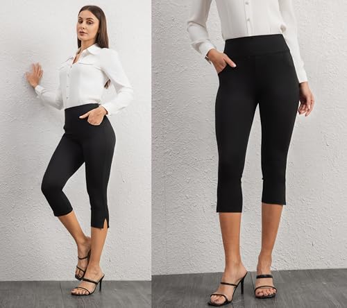 heipeiwa Women's Capri Pants Dressy High Waist Pull on Pants Comfort Stretch Slit Slim Business Casual Trouser2