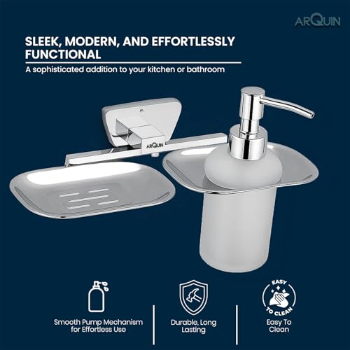 Image of Arquin 304 Stainless Steel Soap Dish with Dispenser Soap Box for Handwash Shampoo & Sanitizer Liquid Dispenser, Corrosion-Resistant & Wall-Mountable Bathroom Accessories Chrome Finish (Aquarius)