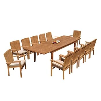 Alternative view of WholesaleTeakFurniture Grade-A Teak Wood 12 Seater 13 Pc Dining Set: 122" Atnas Double Extension Rectangle Table and 12 Wave Stacking Arm Chairs #21WV2813
