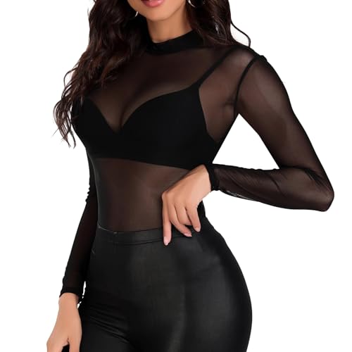 JSTHHTT Mujer Camiseta Transparente Negro Sexy Manga Largas Mesh Tops Negro Sexy Malla Top Slim Elegante Clubwear Casual Camisas tee Pullover Mesh Sheer Shirt