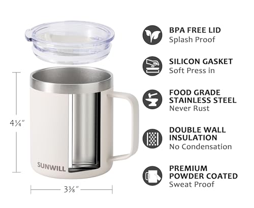 Image of SUNWILL Travel Coffee Mug with Lid, Insulated Tumbler with Handle, 14 oz Stainless Steel Cup for Home, Office, Camping, Powder Coated Cream