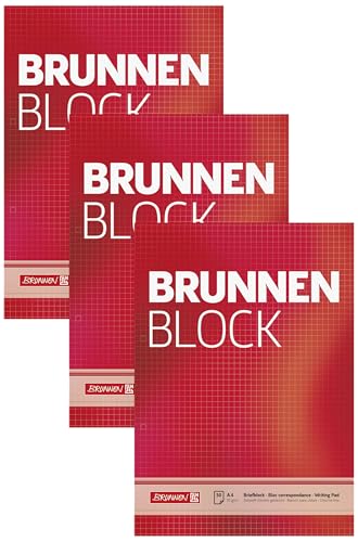 Baier & Schneider Brunnen Briefblock/Schreibblock/Der Brunnen Block (A4, kariert, 50 Blatt, 70 g/m², 2-fach gelocht) (Packung mit 3)