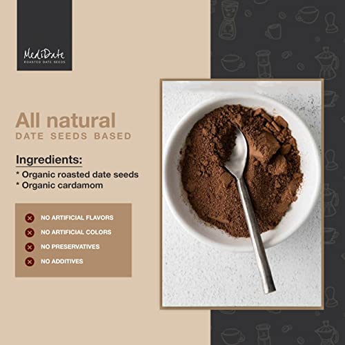 MEDIDATE Coffee Alternative W/Roasted Date Seeds, Cardamom, Caffeine & Acid-Free Coffee Substitute, Naturally Occurring Prebiotics & Polyphenols, Immune Support & Focus (12 oz. / 25 Servings)
