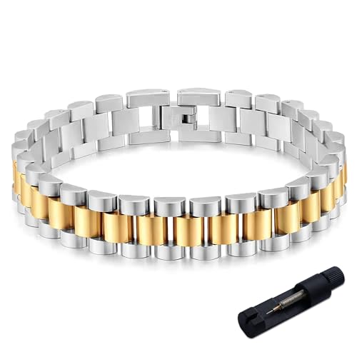 LXBQYSTO Stainless Steel Trendy Adjustable Size Link Bracelet for Men Christmas Birthday Gifts for Father Husband with Sizing Tool Cassic Watch Band Strap Design (Silver-Gold 8in)