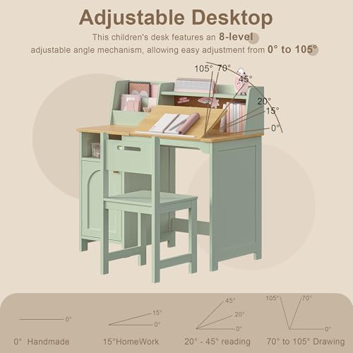 Image of Treocho Kids Study Desk and Chair Set, Kids Desk with Hutch and Tiltable Desktop for 3-8 Years Old, Wooden Children Study Table with Storage Cabinet, Student Writing Desks Bedroom, Home School, Green
