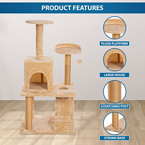 Image of Callas Large Cat Tree Tree with Sisal Scratching Posts, Dangling Balls, Stairs and 1 Big House | Cat Tower Furniture Kitty Activity Centre Kitten Play House (Height-46 Inch|Cat-401-Cream)