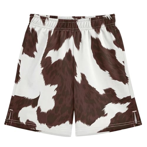 Brown White Cow Athletic Shorts with Zipper Pockets, Youth Boys Athletic Running Shorts for Summer