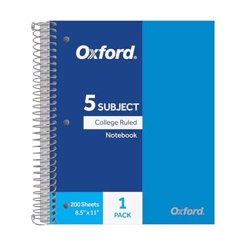 Oxford 5 Subject Spiral Notebook, Notebooks for School, Plastic Covers, Back to School Supplies, College Ruled, 200 Sheets, 1 Pack, Bright Blue (1009294)