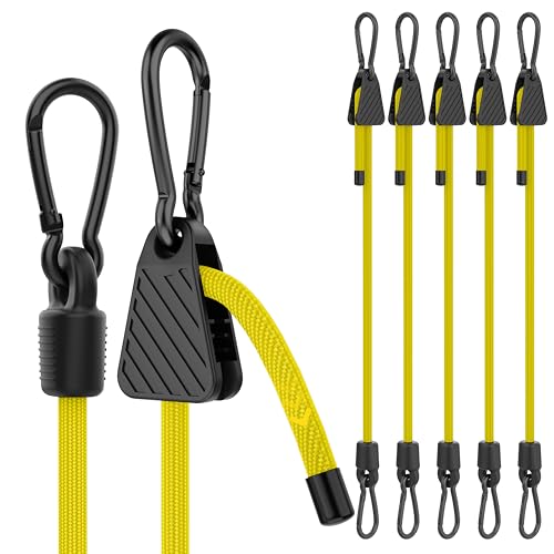 Image of Bungee Cords with Hooks, 60 Inch Yellow Adjustable Bungee Cords with Carabiner Heavy Duty Outdoor, 8mm Thick Easy to Adjust Bungee Rope UV Resistant for Tarp, Bike Rack, Garden, Tension, 6 Pack