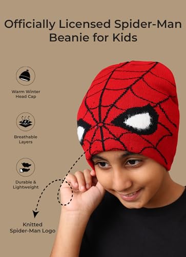 Image of Kidsville Official Marvel Spiderman Red Beanie for Boys | Warm Winter Head Cap