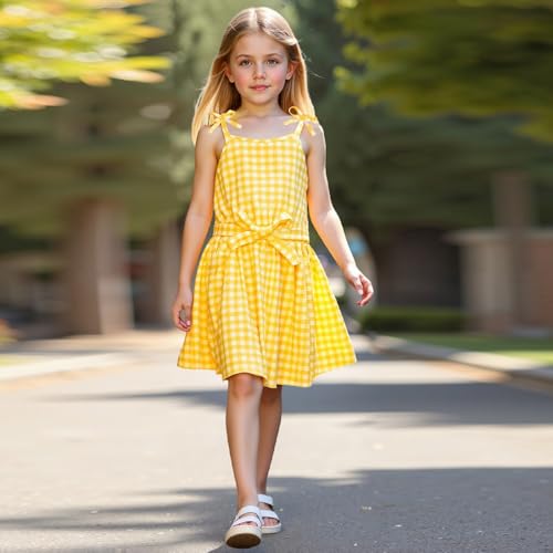 Plaid Cami Dress for Girl, Sleeveless Adjustable Straps Dresses Summer Bowknot Sundress2