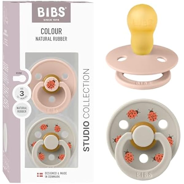 BIBS Colour Studio smoczek, 2 sztuki, wolne od BPA, okrągły smoczek, lateks z naturalnego kauczuku, wyprodukowano w Danii, rozmiar 3 (18 miesięcy), różowy/piaskowy