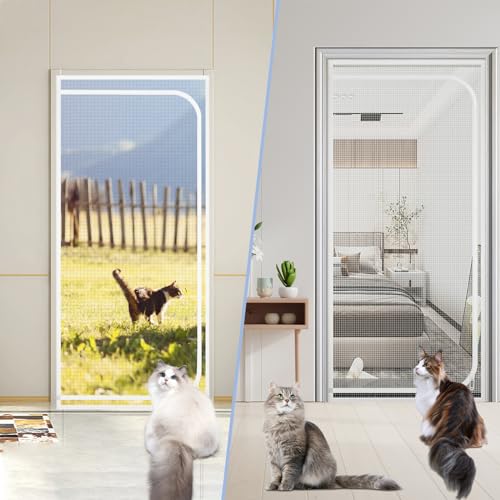 LIFEDYLUK Porta mosquiteira para gatos evita que os cachorros e gatos saiam de casa, tela à prova de arranhões com fecho de correr, porta mosquiteira cortina para varanda (90 x 200 cm, branco)