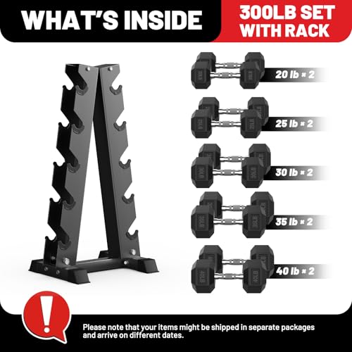 Image of PAPABABE Hex Dumbbell Sets with Rack, 100-600lb Rubber Coated Dumbbell Weight Set and Storage Rack, Multiple Options Hand Weights for Strength Training