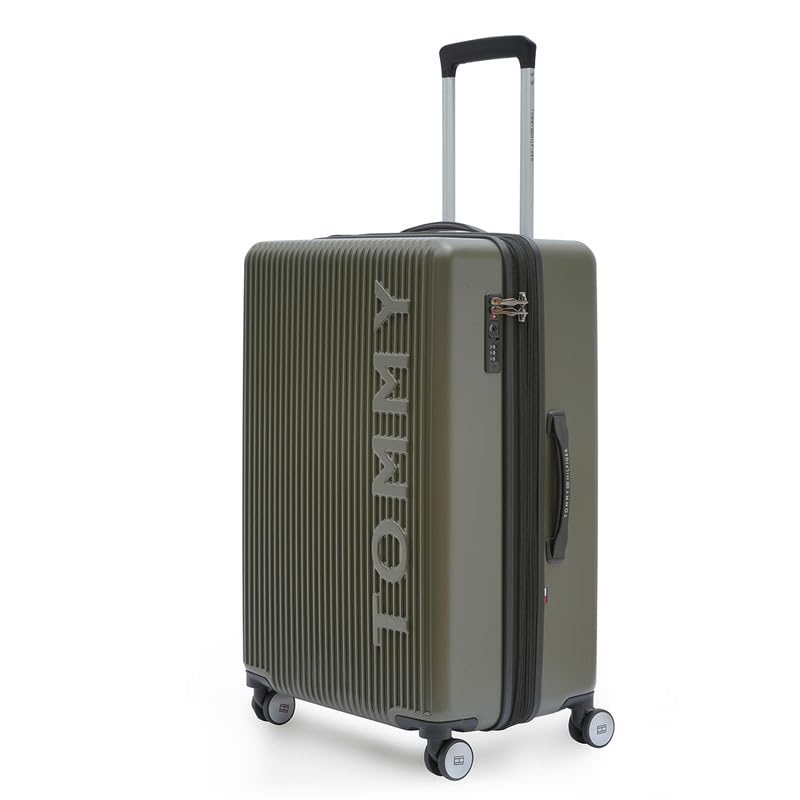 Image of Tommy Hilfiger Polycarbonate Double 8 Spinner Wheels Hard Shell Luggage Trolley, Olive Green, Empire Plus, 35L | Big Suitcase for Travel, Travelling Luggage, Small, 57 Cm