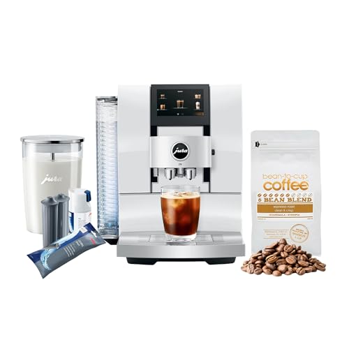 Jura Z10 32 Specialties Automatic Coffee Machine (Diamond White) Bundle with Glass Milk Container, 6 Bean Blend Espresso Roast, Milk System Cleaner Mini-Tabs and 2 Smart+ Filter Cartridges (6 Items)
