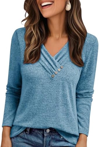Cuptacc Pullover Damen Langarmshirt V Ausschnitt Knopf T Shirt Longsleeve | V-Ausschnitt,Zierknöpfen,Falten,Locker,Elegant,Stretch,Langarm,Einfarbig,Bequeme,Herbst,Winter,Casual,Sc