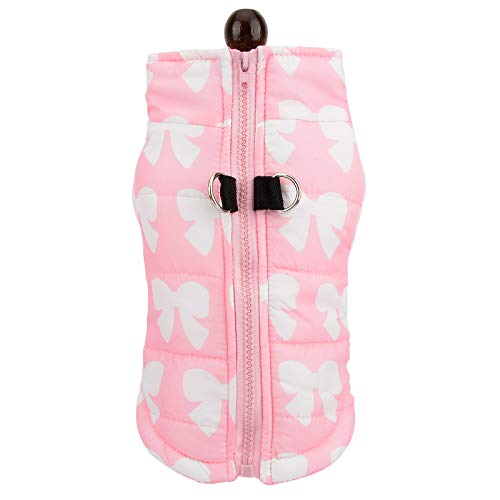 Image of SMALLLEE LUCKY STORE Dog Coat with D-Ring for Small Dogs, Baby Pink, XL | Bow Print, Water-resistant Shell, Padded Warmth, Zip-up Fit, Winter Walks, Chihuahua, Yorkie, Small Dog Harness Jacket