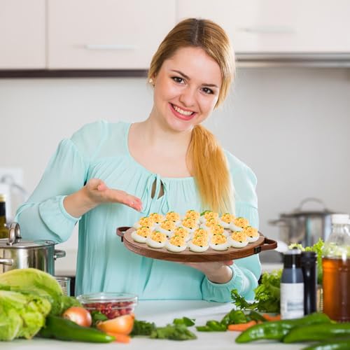 Image of Hiceeden Acacia Wood Deviled Egg Platter with Handles for Easter, 24 Holes Round Deviled Egg Tray Container, Reversible Charcuterie Board Egg Plate Serving Tray for Countertop