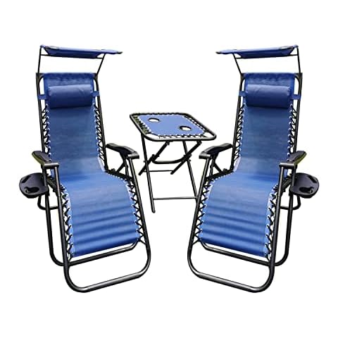Buyer Empire Reclining Zero Gravity Chairs, Folding Canopy Shade, Table and Cup Holder, Heavy Duty Folding Portable Design Relaxing Chair Sun Lounger Garden Outdoor Furniture Set Of 2 Chairs, Blue Cover