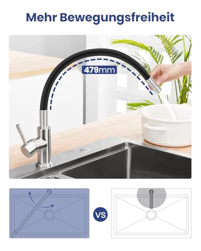 Sofetiy Flexible Küchenarmatur Schwarz, Wasserhahn Küche mit 2 Wasserstrahlen, Mischbatterie Küche Schwarz, 360°Armatur küche mit Flexiblem Auslauf, Spültischarmatur Hochdruck Edelstahl, Kitchen Tap