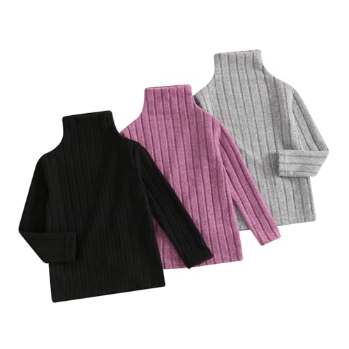 Girls Casual Tops Long Sleeve Turtleneck T-Shirt Basic Solid Color Blouse Outfit for Toddler Baby Girl 1-6 Years(3 Pack-Black+Pink+Grey,2-3T)
