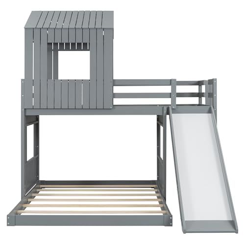 Image of Bellemave Bunk beds Twin Over Full with Slide,Ladders,House roof Design, Low bunk /loft Bed for Kids, Gray