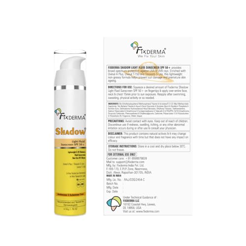Image of Fixderma Shadow Light Fluid Sunscreen SPF 50+ & PA++++, Lightweight & Oil Free, Clinically Tested in-Vivo, for Oily Skin, Sensitive, No White Cast, UVA /UVB Protection - 50g